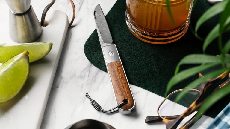 The James Brand combines rosewood and Damasteel for its new knife collection