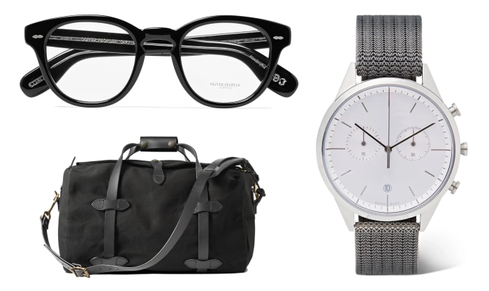 Oliver Peoples Cary Grant (top left - $190), Filson Small Rugged Twill Duffle (bottom left - $199), Uniform Wares C39 Chronograph (right - $400)