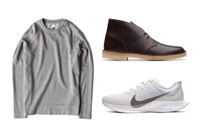 NWKC Crew ($96 - left), Clarks Desert Boot ($70 - top right), Nike Zoom Pegasus Turbo 2 ($129 - bottom right)