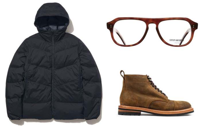 Goldwin Down Parka (left - $294, orig. $420), Cutler and Gross Optical Aviator (top right - $330, orig. $440) Taylor Stitch Moto Boot (bottom right - $278, orig. $348)