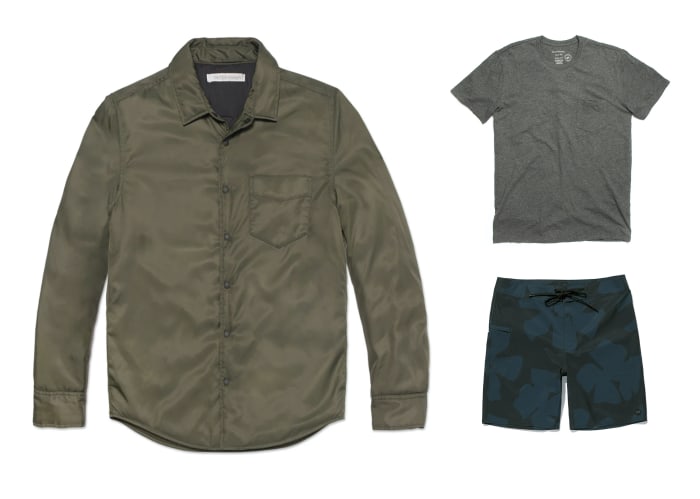 Evolution Shirt Jacket ($102 - left), S.E.A. Tee Pocket ($16 - top right), Nomadic Stretch Trunks ($39 - bottom right)