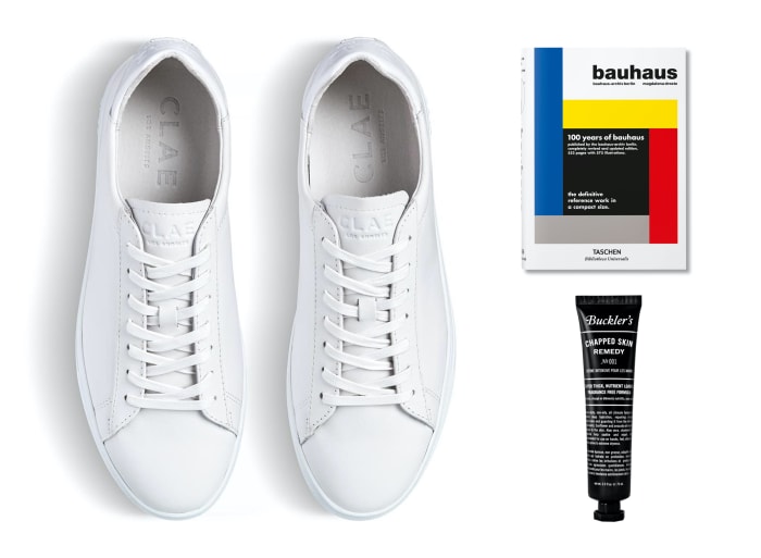Clae Bradley Triple White (left - $105, orig. $150), Taschen's Bauhaus (top right - ($16, orig. $20), Buckler's Chapped Skin Remedy Tube ($19, orig. $24)