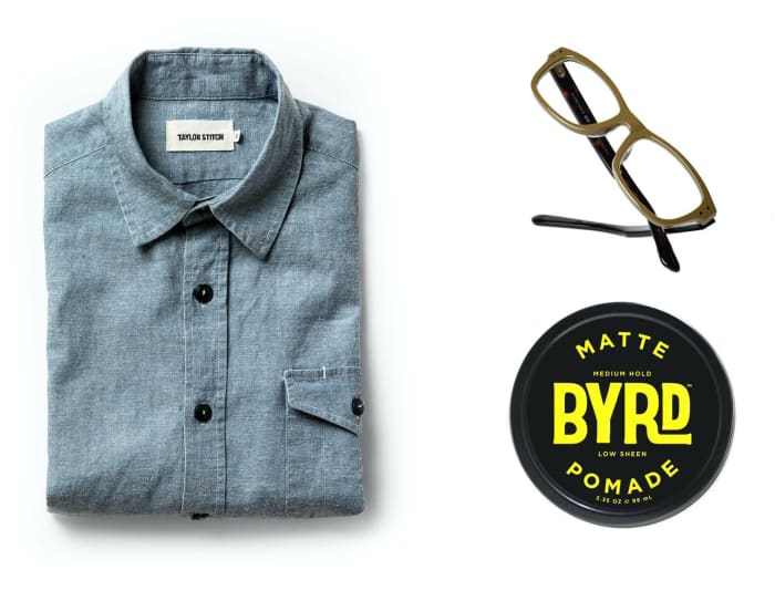 Taylor Stitch's Cash Shirt (left - $87, orig. $125), Globe Specs x United Arrows Montauk (top right - $170, orig. $310), Byrd Pomade (bottom right - $16, orig. $20)