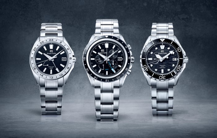 From left to right: the Spring Drive GMT 9R66 ($8,400), Spring Drive Chronograph GMT 9R96 ($11,400-$12,400), and the Spring Drive 5 Days Caliber 9RA5 ($11,600).