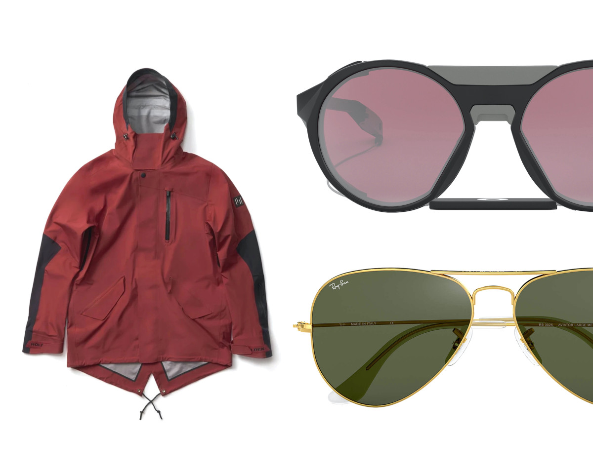 Holden M-51 3-Layer Fishtail Jacket (left - $160), Oakley Clifden (top right - $137), Ray-Ban Aviator (bottom right - $107)