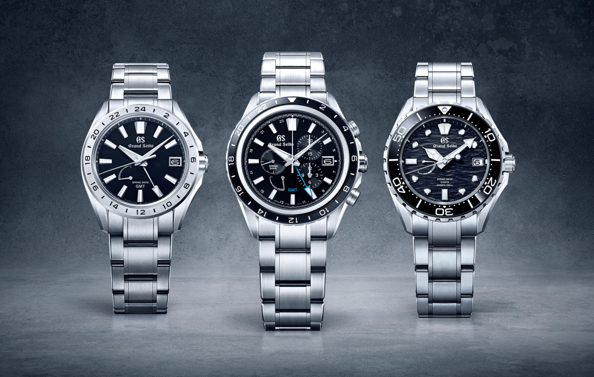 From left to right: the Spring Drive GMT 9R66 ($8,400), Spring Drive Chronograph GMT 9R96 ($11,400-$12,400), and the Spring Drive 5 Days Caliber 9RA5 ($11,600).